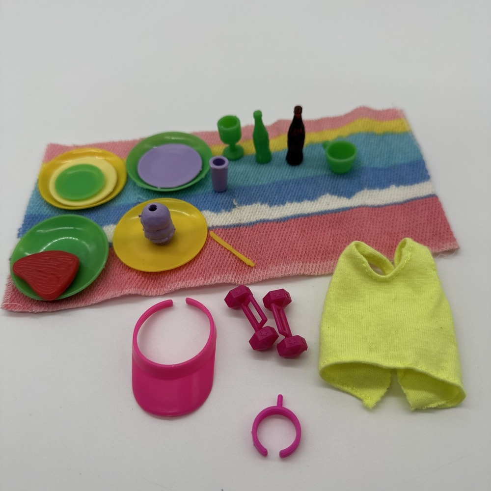 Vintage Barbie Accessories Lot Visor Shoes Dishes Towel Weights Mattel